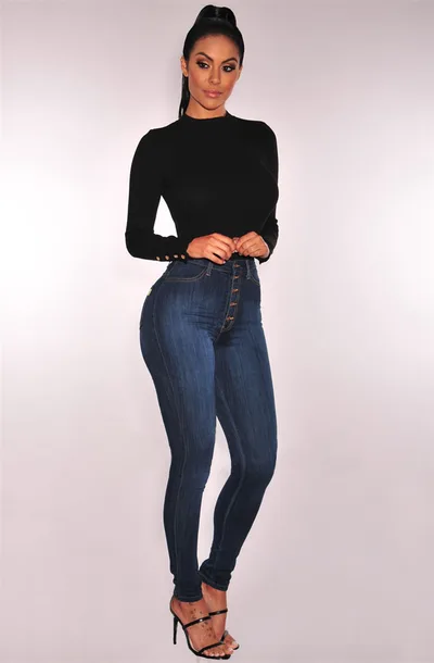 High waist stretch slim denim pants Black - Shop at LoveMi