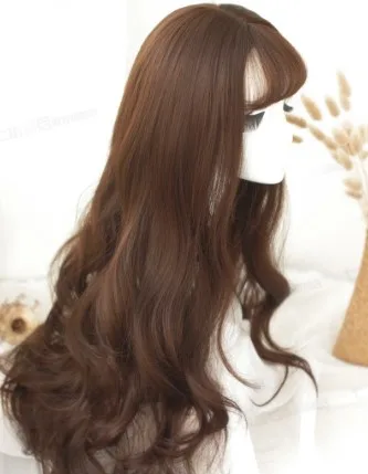 Girls Curl Big Waves Korean Air Liuhai Lifelike Wig Headset Chocolate 67Cm - Shop at LoveMi