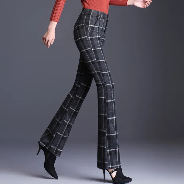 Plaid woolen ladies casual flared pants White Grid - Shop at LoveMi