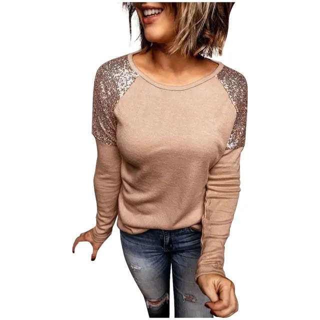 Stitching round neck long sleeve casual Khaki - Shop at LoveMi