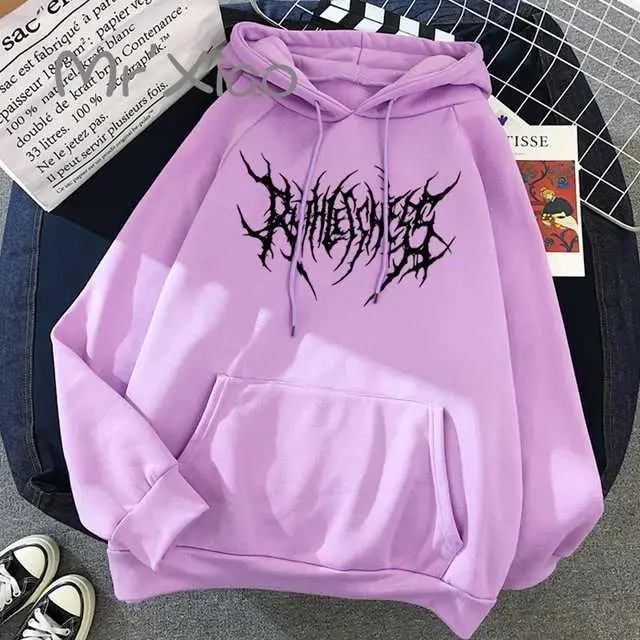 Street Hip hop Retro Flame Print Loose Hooded Plus Velvet Sweatshirt Purple - Shop at LoveMi