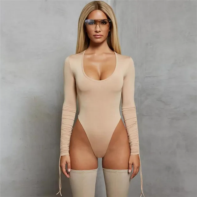 Tight U neck Long Sleeve T shirtSolid color round neck long sleeve bodysuit Khaki - Shop at LoveMi