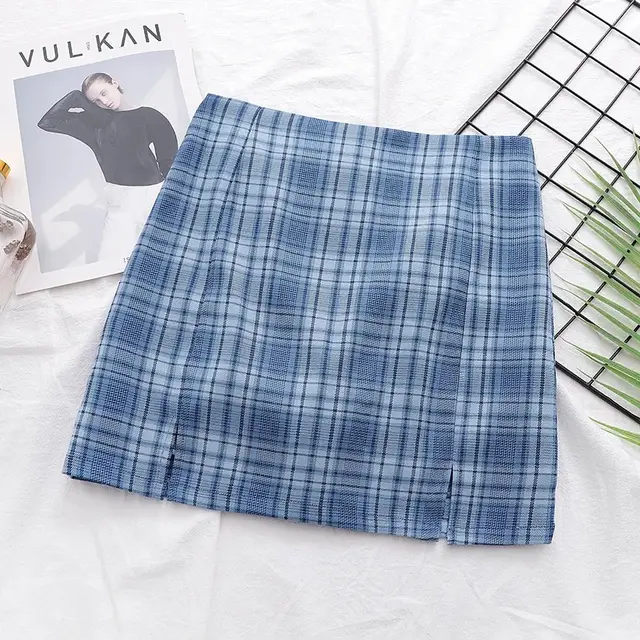 High waist skirt side slit multicolor skirt Dark Blue Grid - Shop at LoveMi