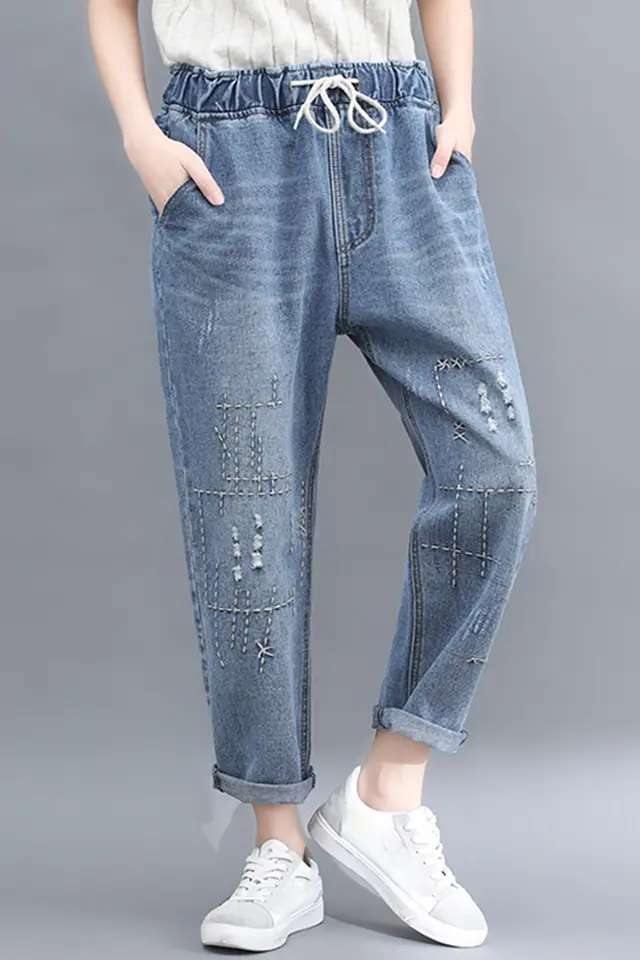 Wear Embroidered Casual Lace up High rise Cropped Jeans Blue - Shop at LoveMi