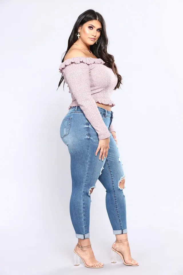 Stretch denim hole high waist ladies jeans - Light Blue