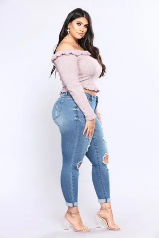 Stretch denim hole high waist ladies jeans - Light Blue