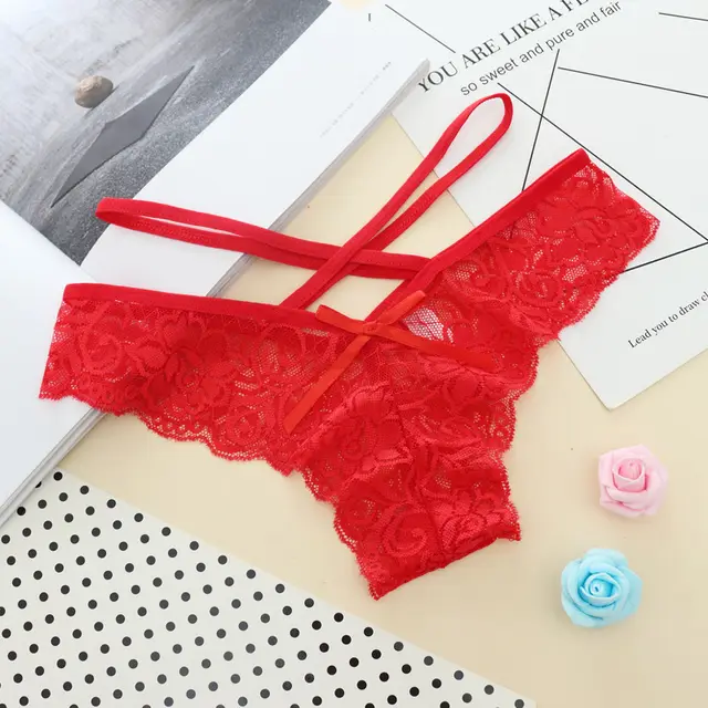 Lace Jacquard Transparent Low Waist Thin Belt Thong Red - Shop at LoveMi