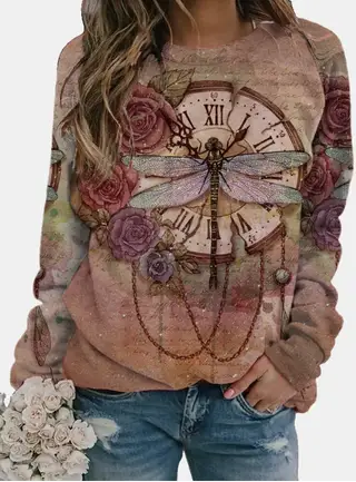 Dandelion Print Long Sleeve O-Neck Ladies T-shirt - 3Photo Color