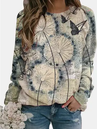 Dandelion Print Long Sleeve O-Neck Ladies T-shirt - 6Photo Color
