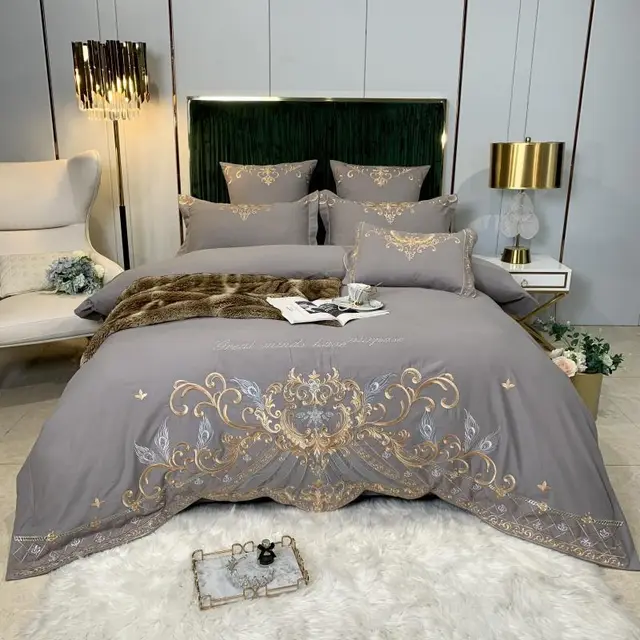 European Style Luxury High End Four Piece Cotton Bed Linen And Silk Embroidery Quilt Cover Grey - Shop at LoveMi