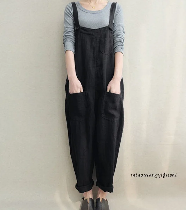 Spring and summer new foreign trade women's pants casual pants cotton and linen breathable large size strap Black - Shop at LoveMi