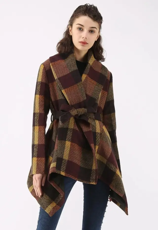 Woolen coat autumn and winter women's Plaid Deep Coffee - Shop at LoveMi