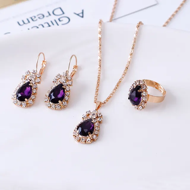 Water Drop Rhinestone Necklace Earrings Ring Set Purple - Shop at LoveMi
