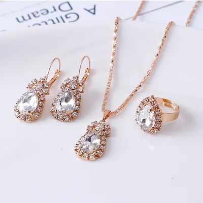 Water Drop Rhinestone Necklace Earrings Ring Set White - Shop at LoveMi