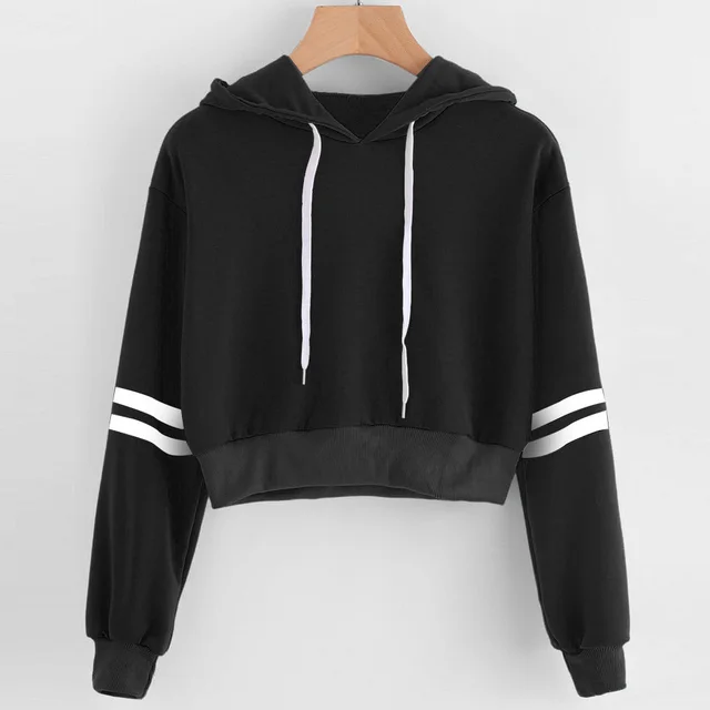 Striped printed long sleeve cropped hooded sweatshirt Short T shirt Black - Shop at LoveMi