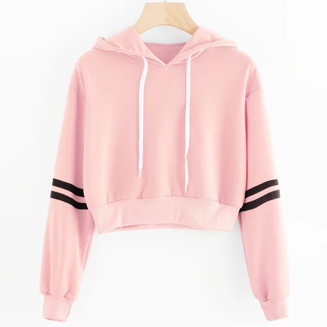 Striped printed long sleeve cropped hooded sweatshirt Short T shirt Pink - Shop at LoveMi
