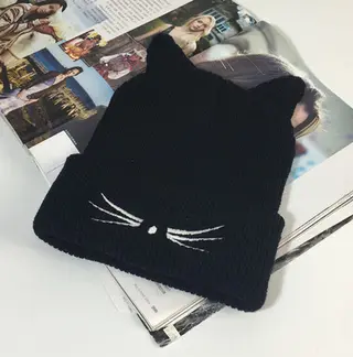 Cute cat ears beard embroidery knit hat wool hat female autumn and winter warm hooded hat tide - Black