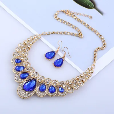 American jewelry fashion temperament Metal Necklace Earrings Set gem diamond drop bride accessories Bule - Shop at LoveMi