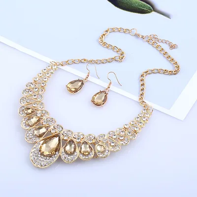 American jewelry fashion temperament Metal Necklace Earrings Set gem diamond drop bride accessories Champagne - Shop at LoveMi
