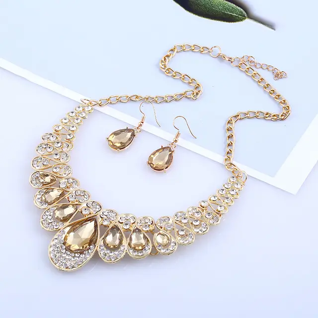 American jewelry fashion temperament Metal Necklace Earrings Set gem diamond drop bride accessories Champagne - Shop at LoveMi