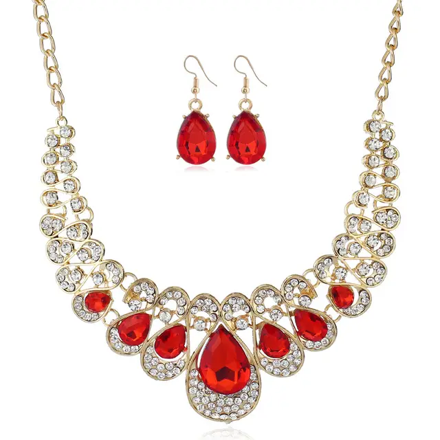 American jewelry fashion temperament Metal Necklace Earrings Set gem diamond drop bride accessories Red - Shop at LoveMi