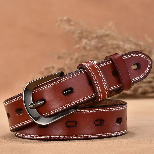 Vintage Hollow Pin Buckle Ladies Belt With Body Punching Red Brown - Shop at LoveMi