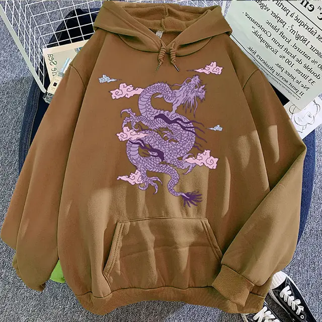 Purple Dragon Cloud Printed Hooded Hoodie Brown - Shop at LoveMi