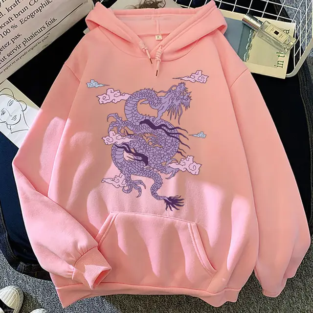 Purple Dragon Cloud Printed Hooded Hoodie Pink - Shop at LoveMi