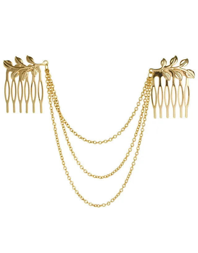 Europe and the United States hot fashion wild leaf chain tassel hair comb hair accessories leaf chain Hair accessories Golden - Shop at LoveMi