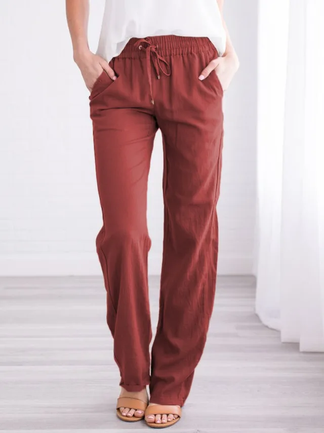 Cotton and Linen Drawstring Loose Casual Wide Leg Trousers Wine Red - Shop at LoveMi