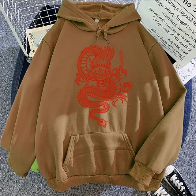Personalized Hoodie With Red Dragon Print Pattern Brown - Shop at LoveMi