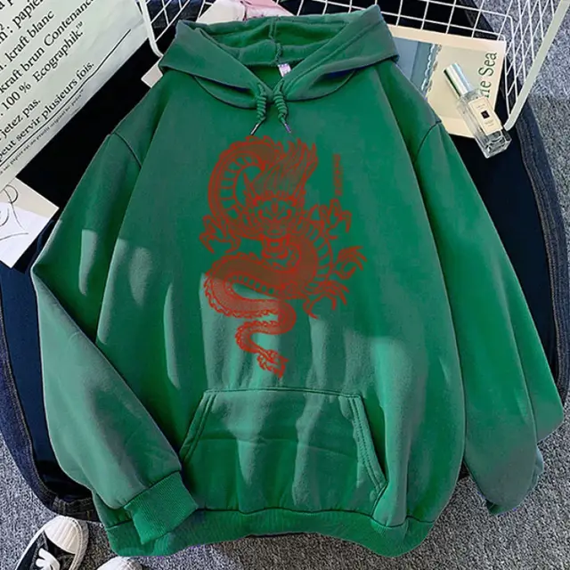 Personalized Hoodie With Red Dragon Print Pattern Dark Green - Shop at LoveMi