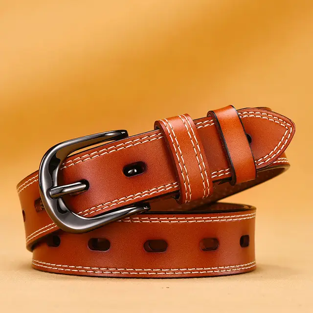 Women's Fine Needle Buckle Versatile Leather Korean Belt Yellow Brown - Shop at LoveMi