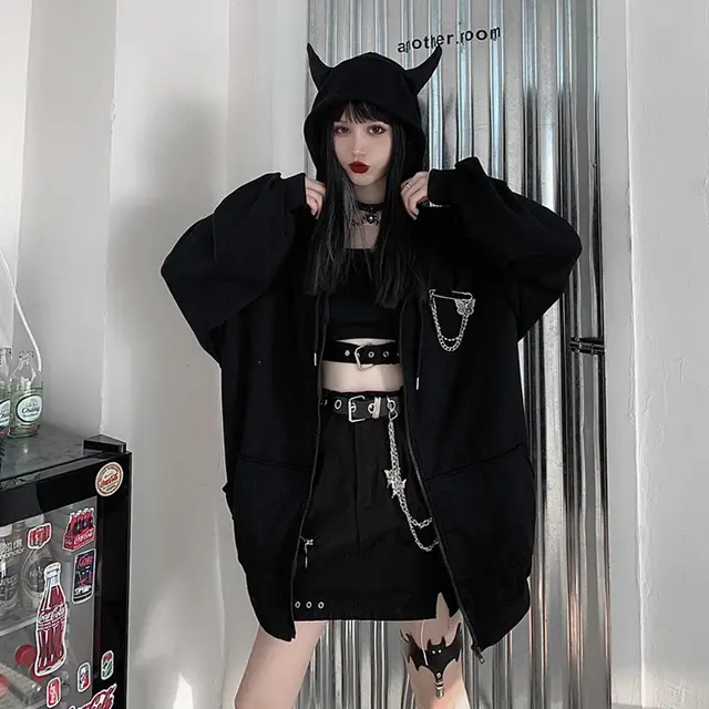 Women's Dark Little Devil Hooded Sweater Coat Black - Shop at LoveMi