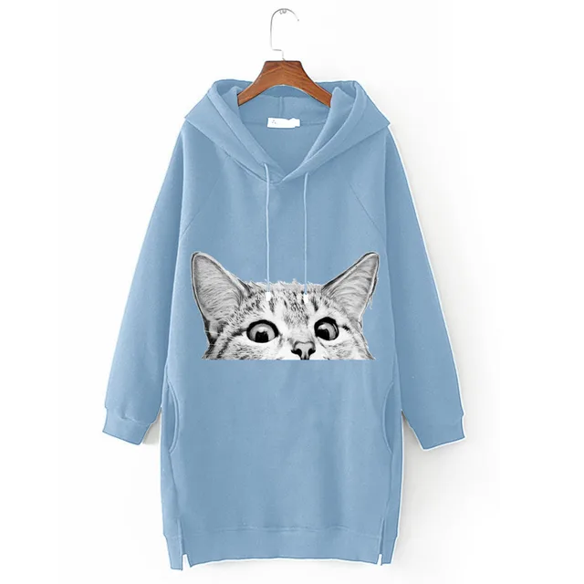 New Style Printed Pocket Hat Long Sweater Sky Blue - Shop at LoveMi