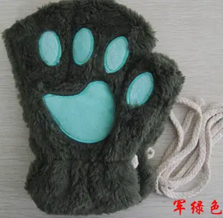 Winter Lovely Half Cover Paw Bear Cat Claw Gloves Short Finger - Army Green