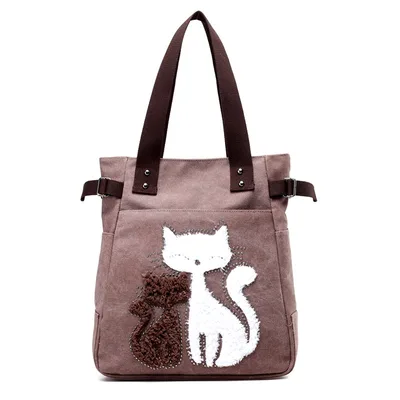 KVKY Women Canvas Bag Handbag Famous Brand Shoulder Bags Femal Canvas Bags with Cute Plush Cat Appliques Beach Bag Sac A Main Pink - Shop at LoveMi