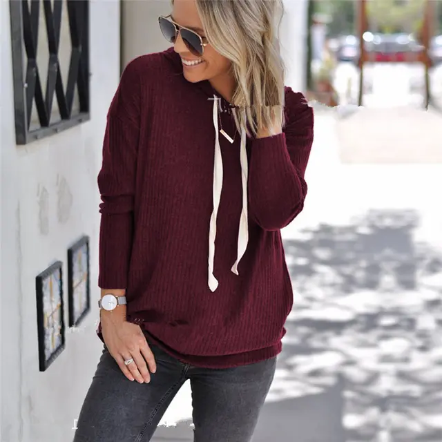Ladies Autumn Solid Color Drawstring Hoodie Wine Red - Shop at LoveMi