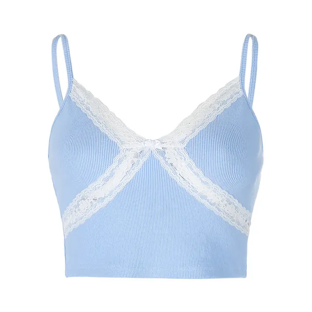 Fashion Girly Stitching Lace Trim Short Sling Top Blue - Shop at LoveMi