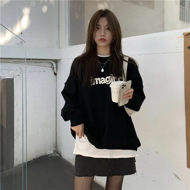 Letter print loose all match sweater Black - Shop at LoveMi