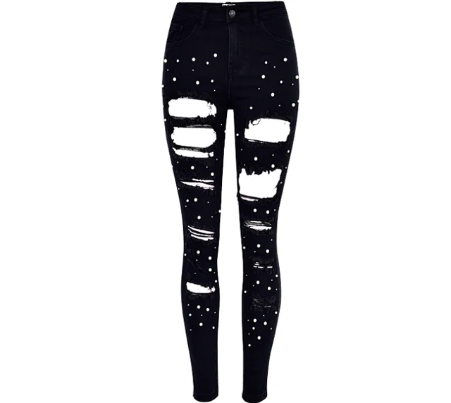 European and American women's high waist slim elastic irregular two color studded pearl denim feet pants washed holes large size Black - Shop at LoveMi