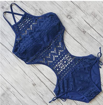 Knitted lace multi code multi color one piece swimsuit Blue - Shop at LoveMi