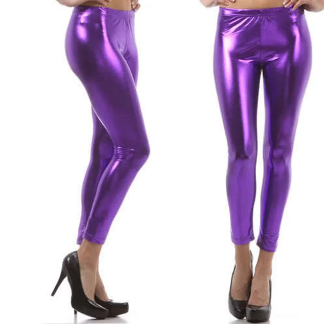 Foreign Trade Spring Fashion Metal Texture Bright Leather Leggings Was Thin Nightclub Punk Wind Nine Pants Women Purple - Shop at LoveMi
