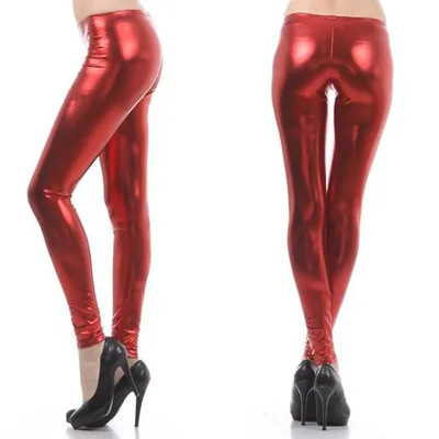 Foreign Trade Spring Fashion Metal Texture Bright Leather Leggings Was Thin Nightclub Punk Wind Nine Pants Women Red - Shop at LoveMi