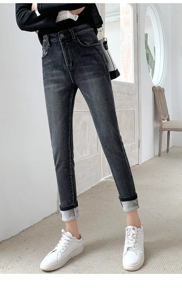 Women's plush casual skinny high waist jeans Black Grey - Shop at LoveMi