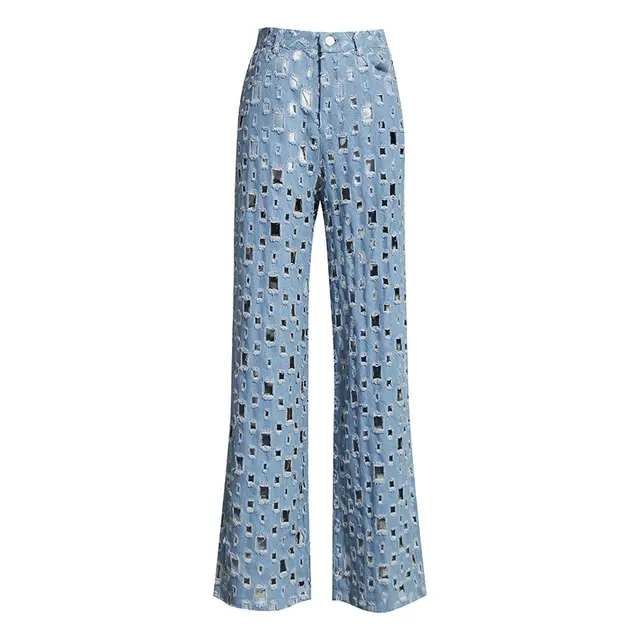 Shredded hollow wide leg pants Blue - Shop at LoveMi