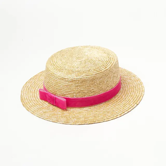 Straw hat with velvet ribbon and flat top Pink - Shop at LoveMi