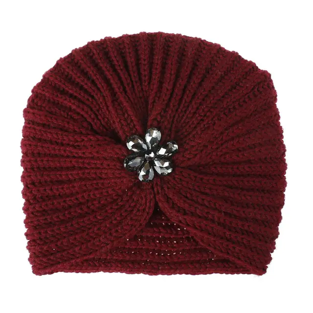 Woolen Hat, Flower, Diamond, Knit Hat, European Style Maroon - Shop at LoveMi
