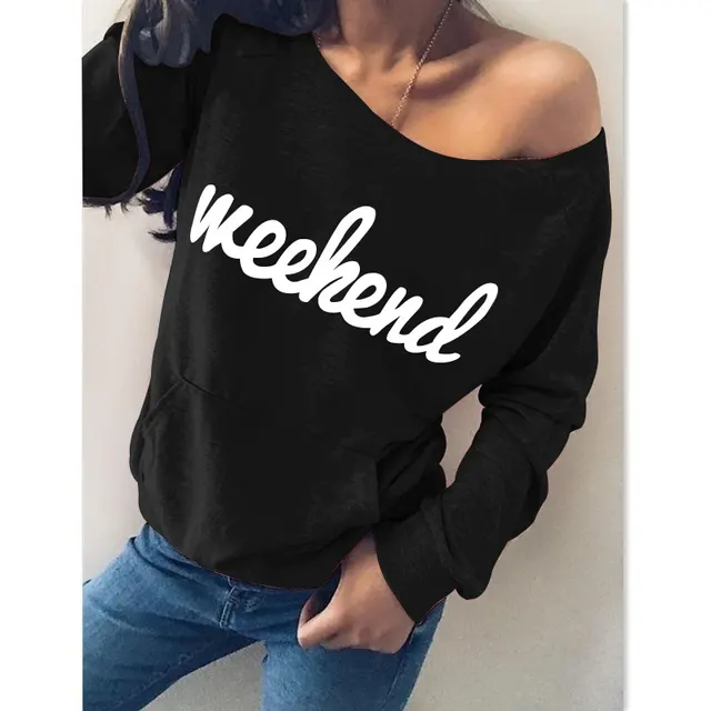 English Alphabet Print Off Shoulder Long Sleeved Sweatshirt Black - Shop at LoveMi