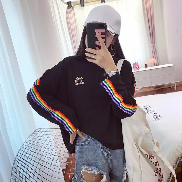 Korean Style Rainbow Solid Striped Long Sleeved T Shirt Black - Shop at LoveMi